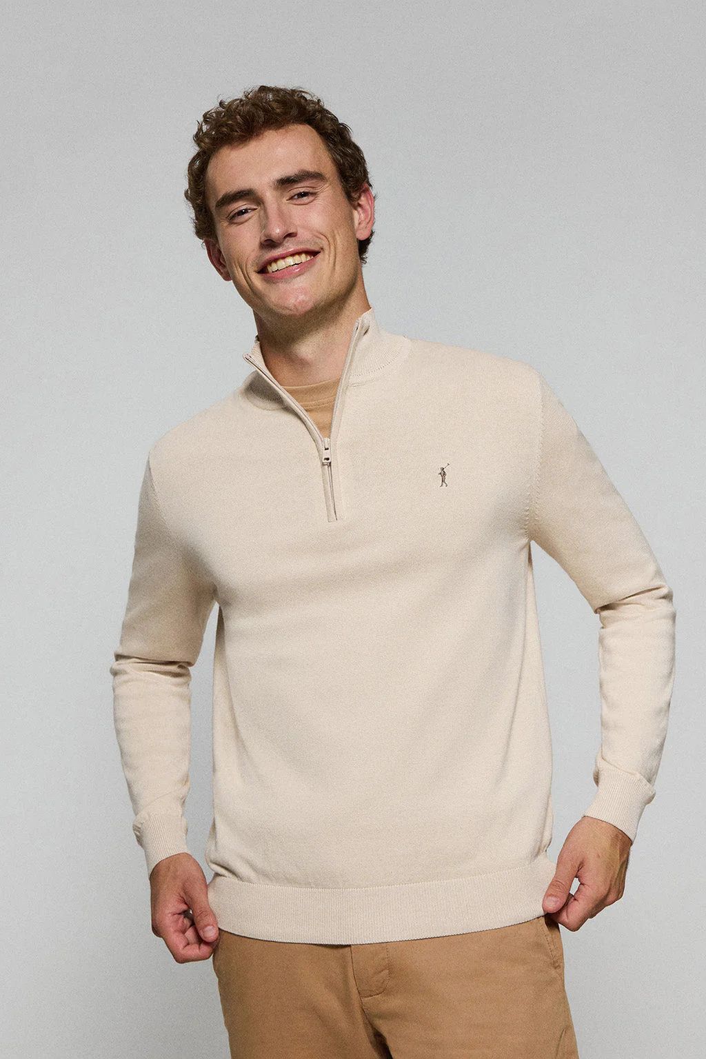 Beige half-zip knit jumper with Rigby Go embroidered logo