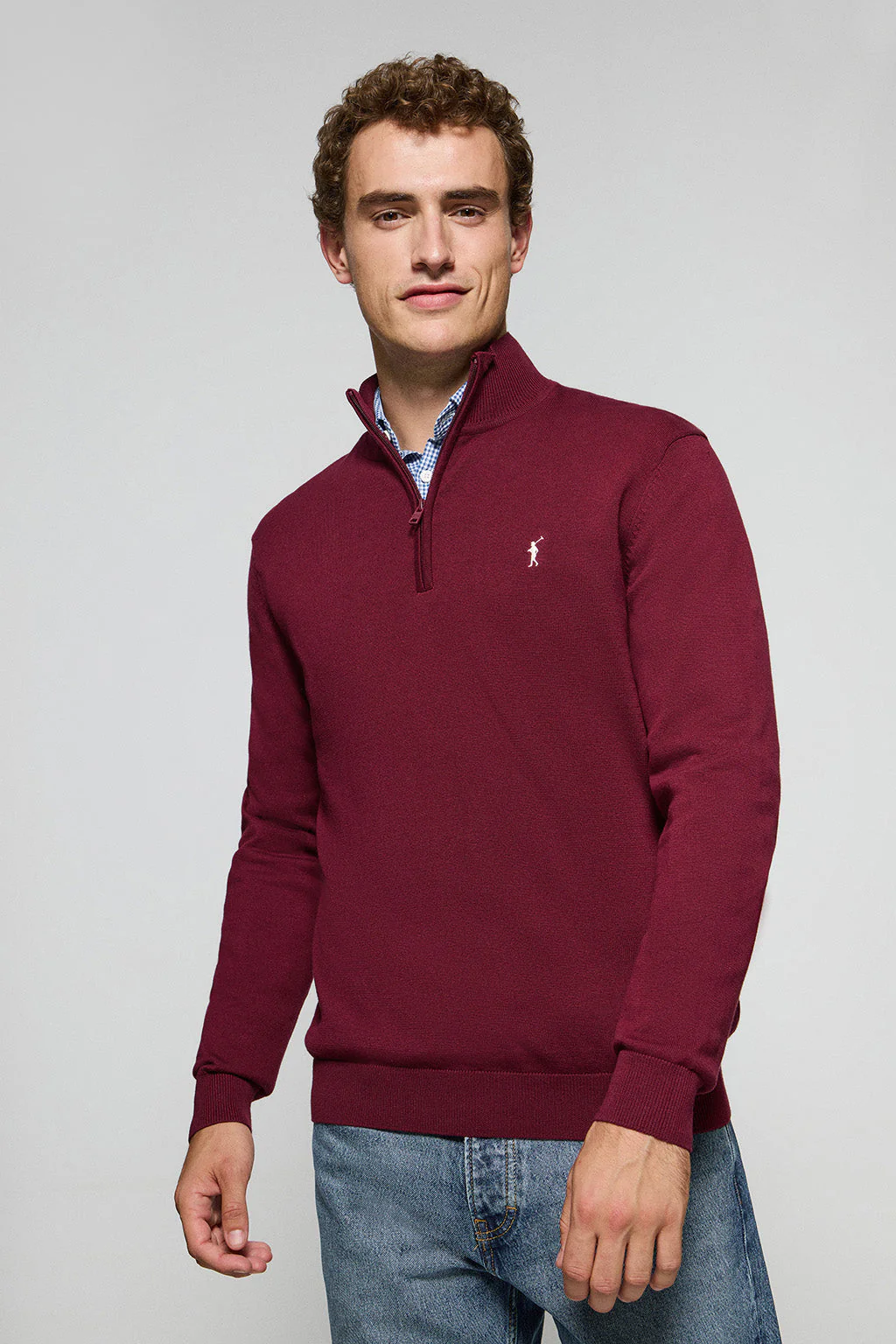 Maroon half-zip knit jumper with Rigby Go embroidered logo