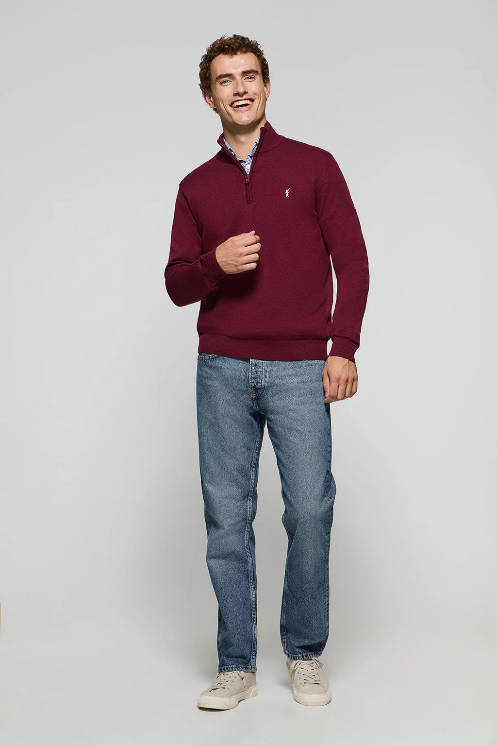 Maroon half-zip knit jumper with Rigby Go embroidered logo - Image 3