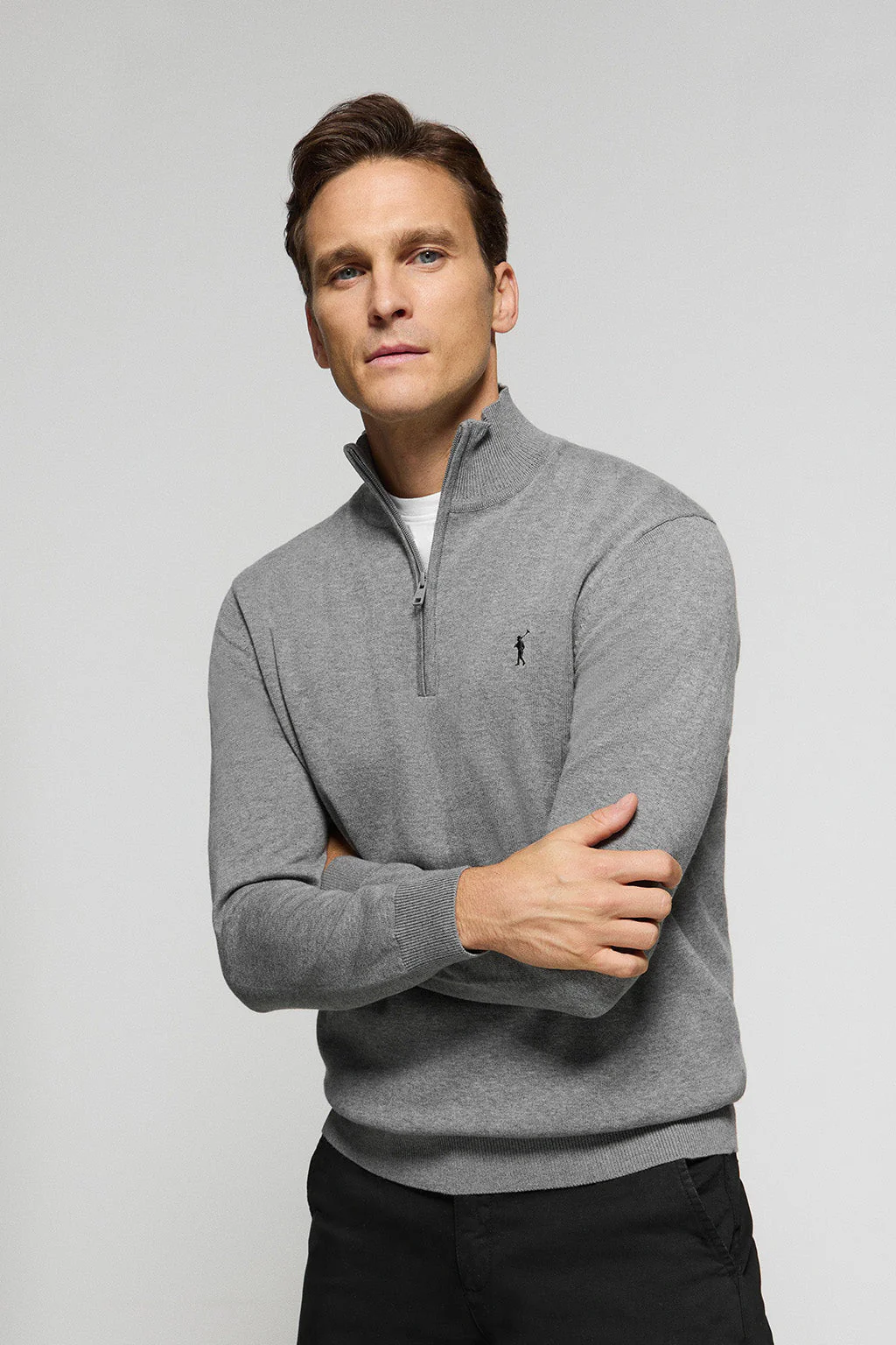 Grey-marl half-zip knit jumper with Rigby Go embroidered logo