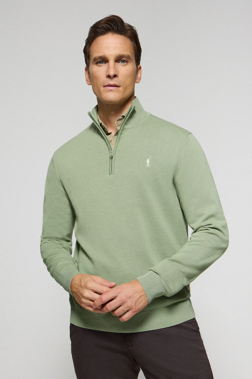Jade-green half-zip knit jumper with Rigby Go embroidered logo