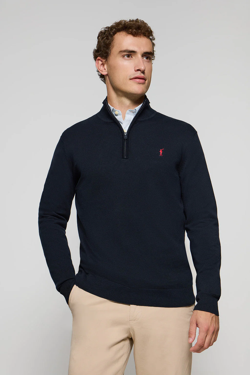 Navy-blue half-zip knit jumper with Rigby Go embroidered logo