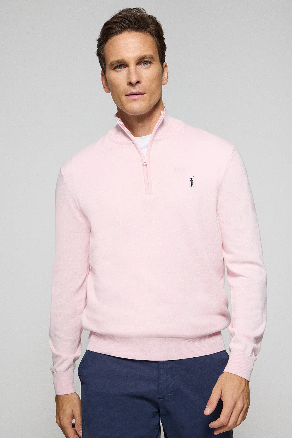 Pink half-zip knit jumper with Rigby Go embroidered logo