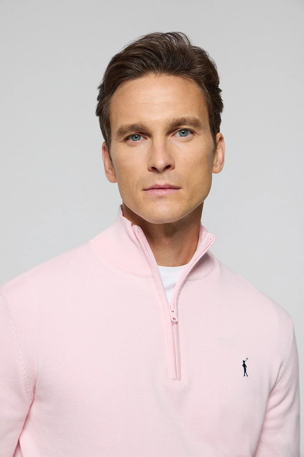 Pink half-zip knit jumper with Rigby Go embroidered logo - Image 2