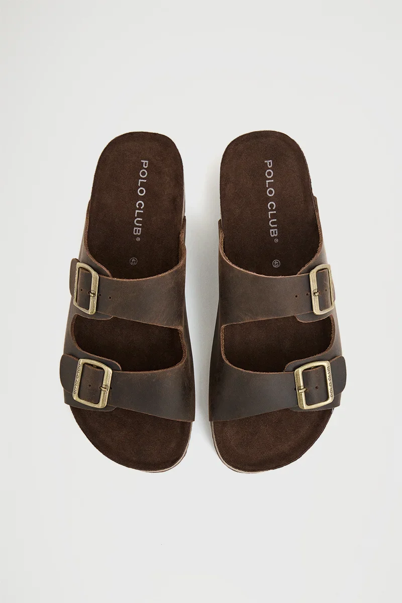 Brown leather bio sandal Keat with buckles and Polo Club logo - Image 3