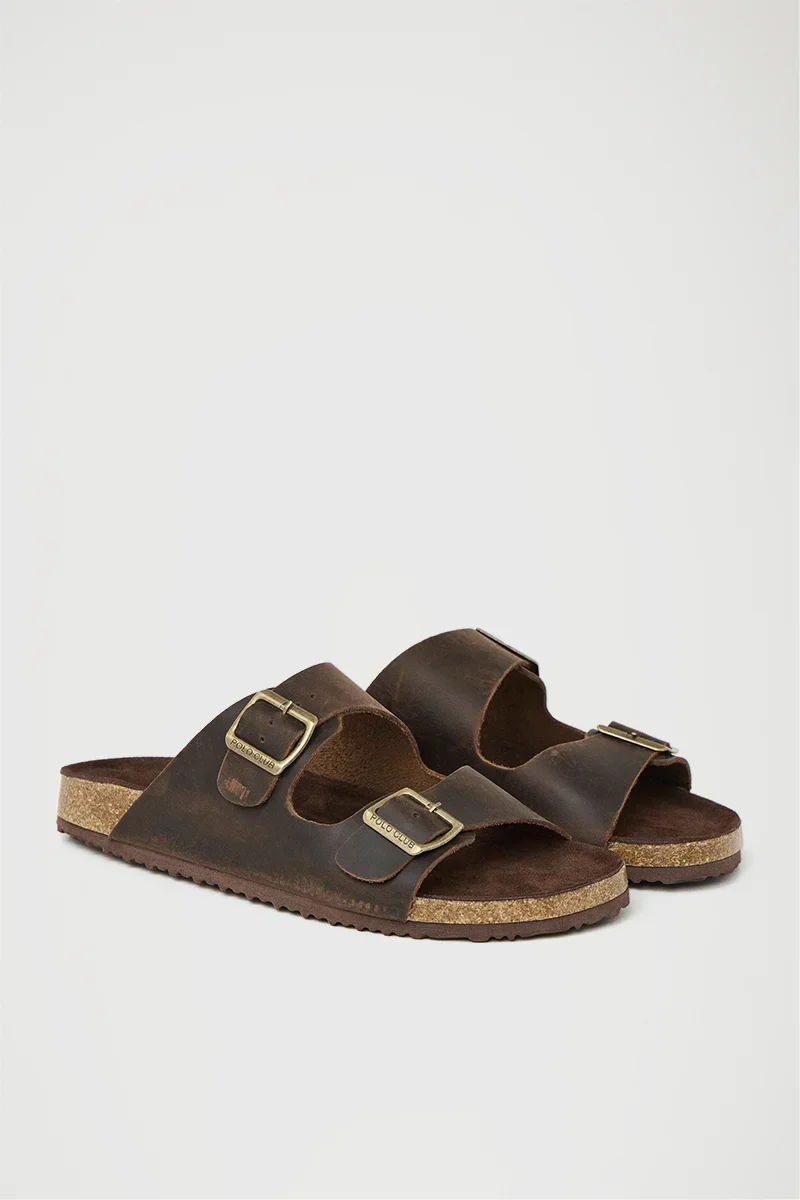 Brown leather bio sandal Keat with buckles and Polo Club logo - Image 4