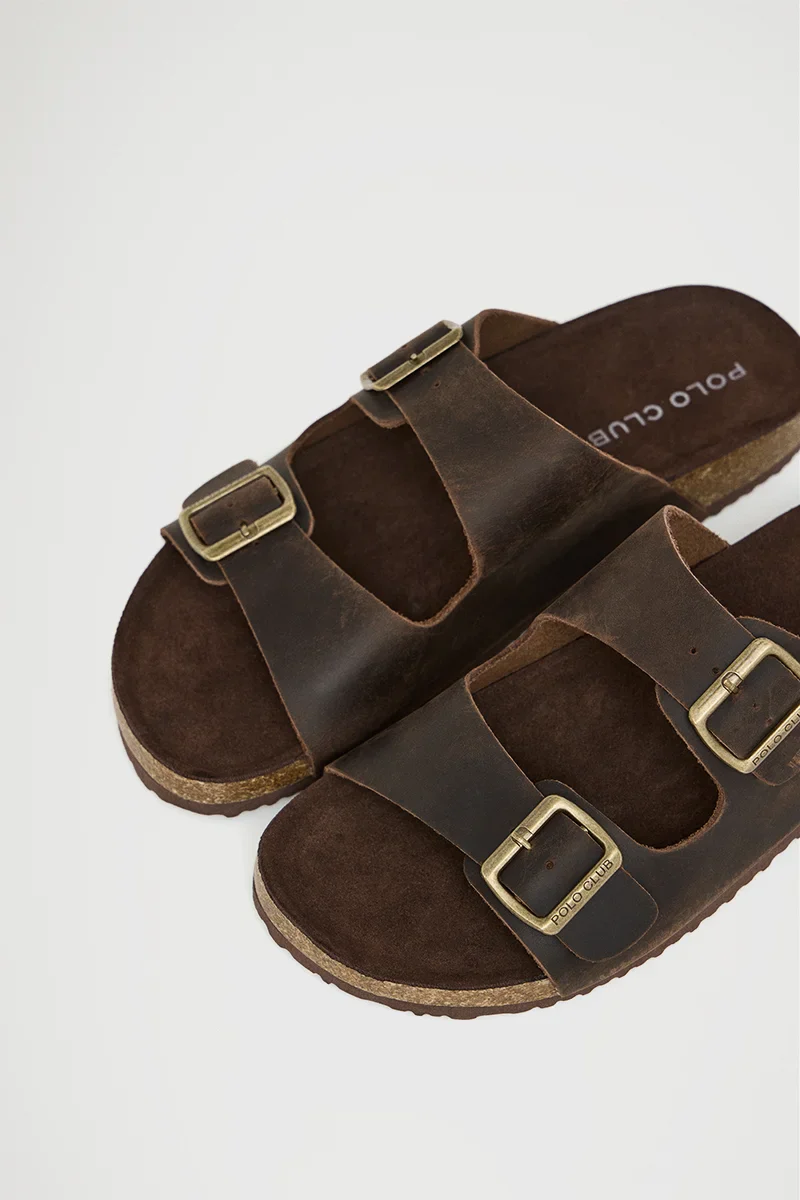 Brown leather bio sandal Keat with buckles and Polo Club logo - Image 5