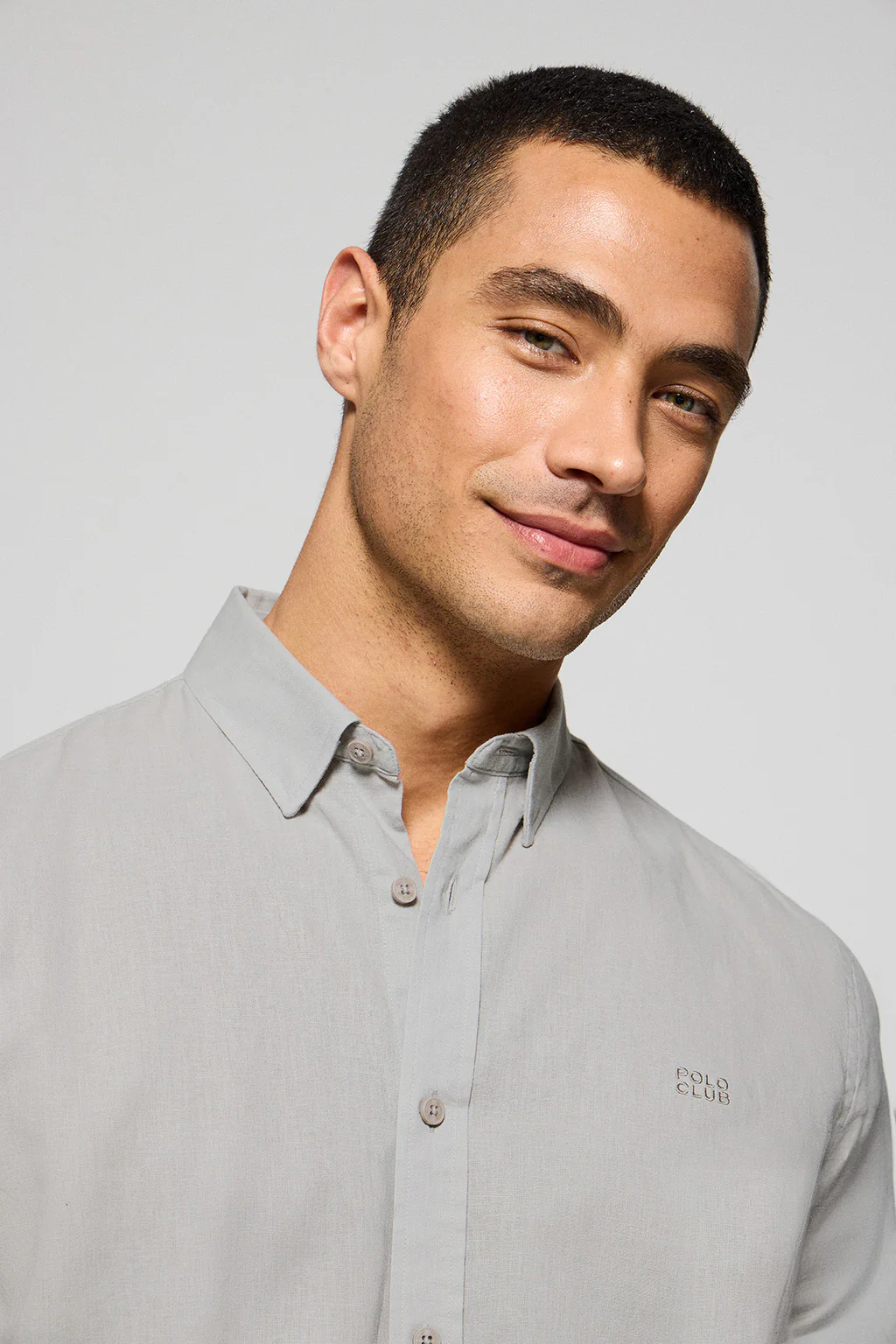 Grey regular-fit shirt in linen and cotton with embroidered logo - Image 3