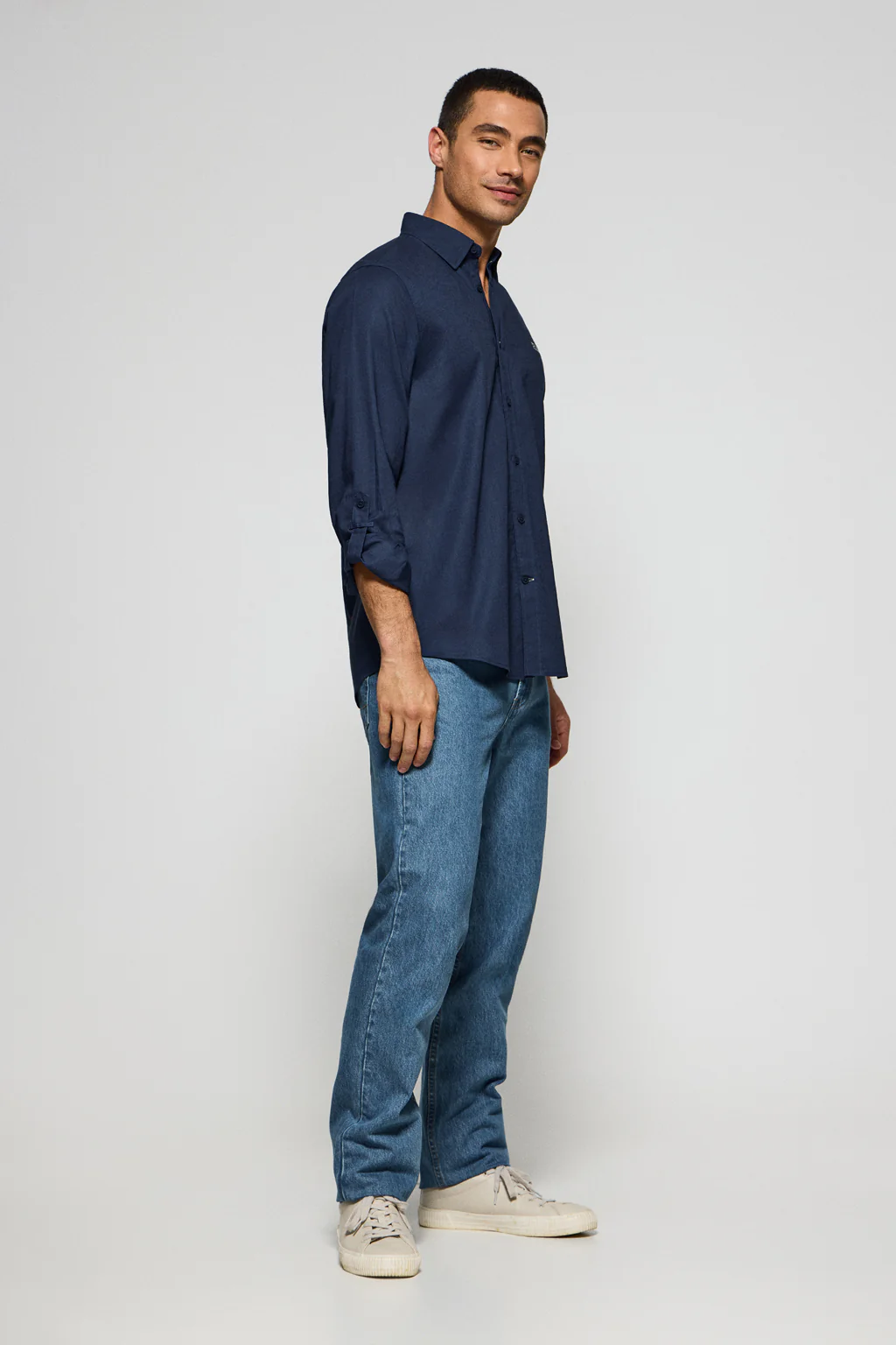 Navy-blue regular-fit shirt in linen and cotton with embroidered logo - Image 4