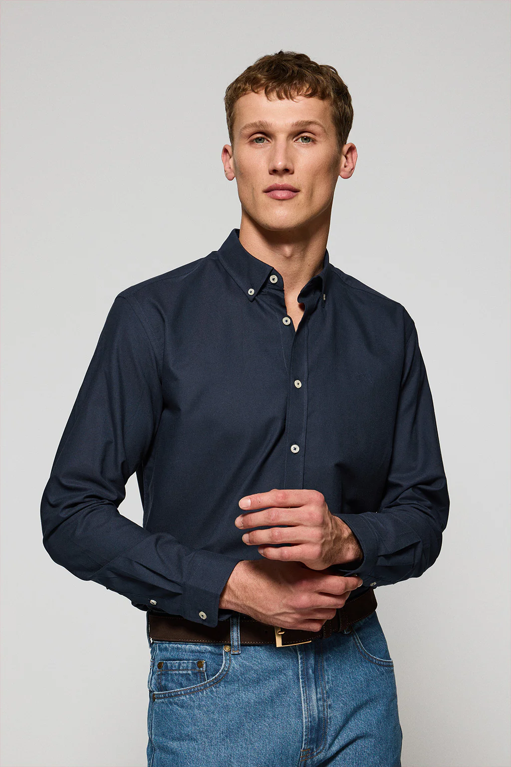 Navy-blue plain Oxford shirt with Polo Club embroidered logo
