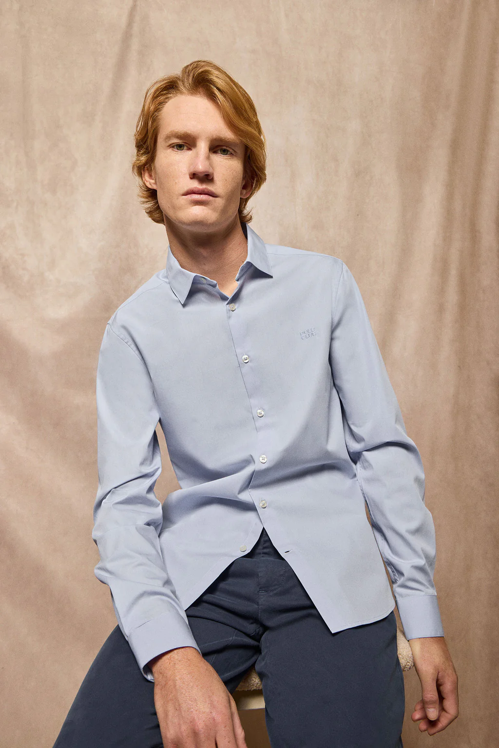 Sky-blue super slim-fit poplin shirt with Polo Club embroidered logo