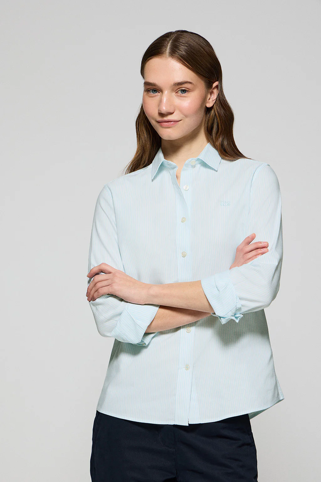 Aqua striped shirt with embroidered logo