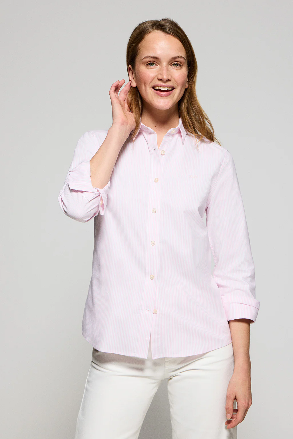 Pink striped shirt with embroidered logo