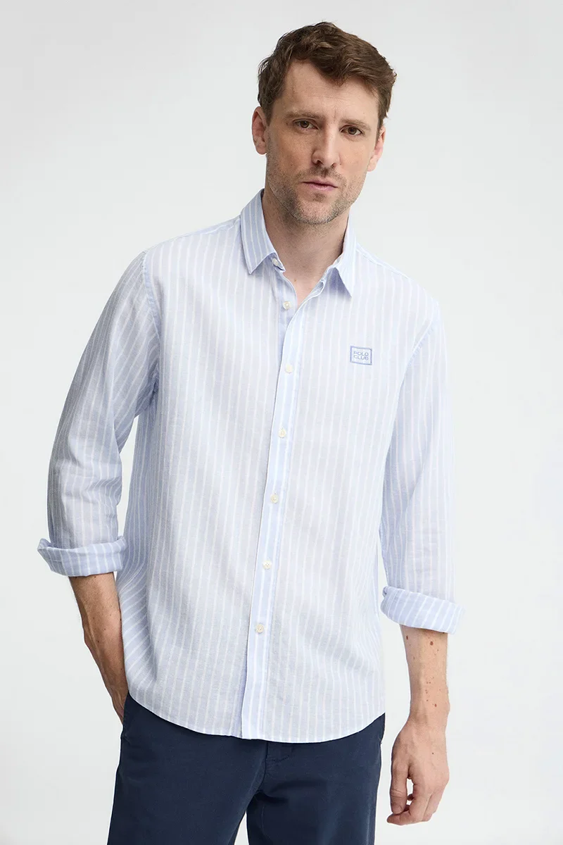 Light-blue cotton-linen regular-fit striped shirt with French collar and Polo Club embroidery