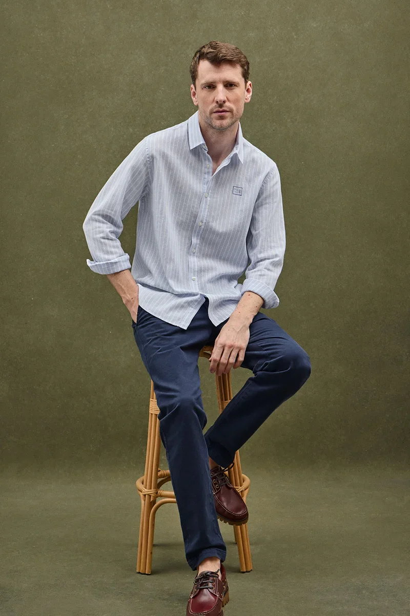 Light-blue cotton-linen regular-fit striped shirt with French collar and Polo Club embroidery - Image 2