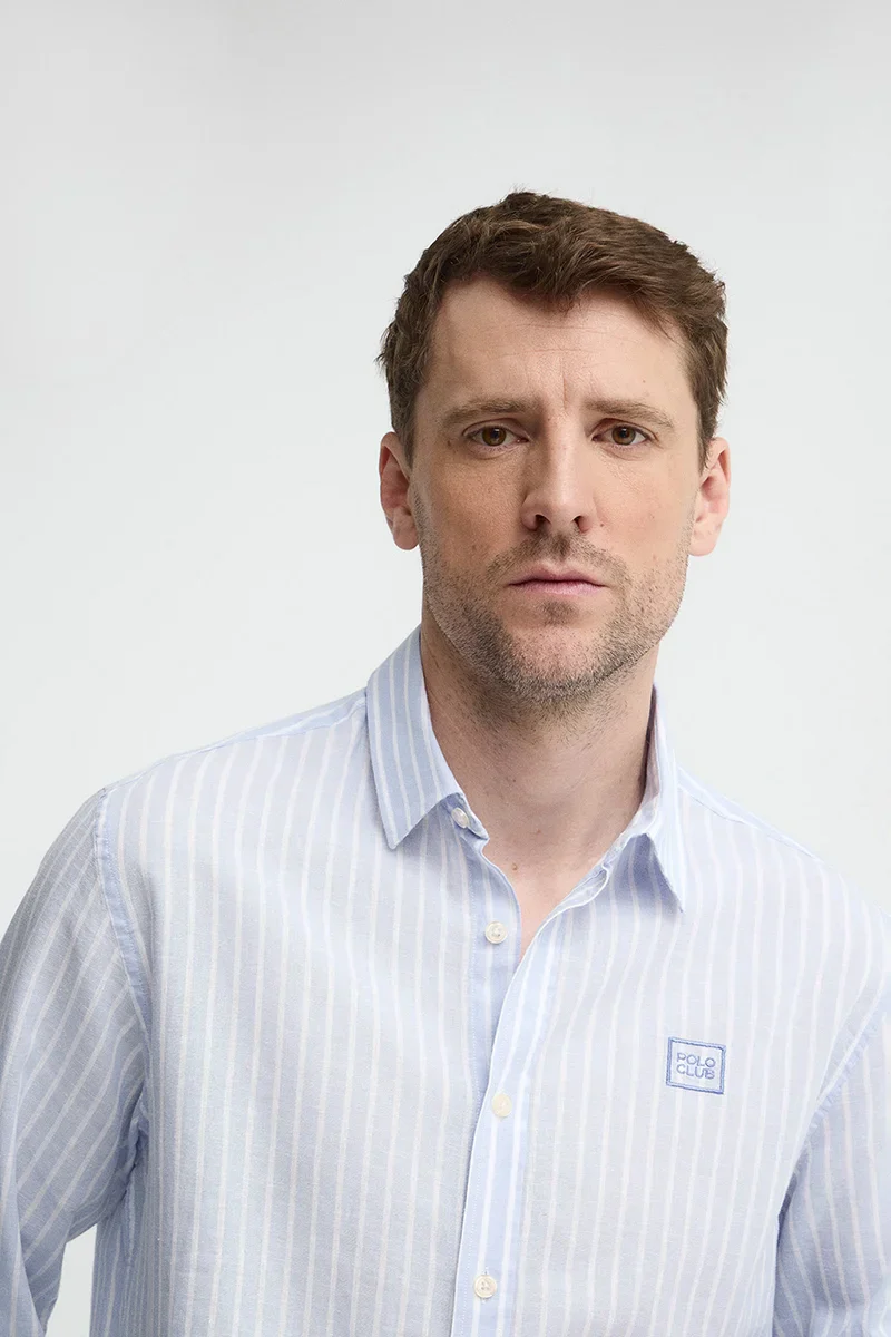 Light-blue cotton-linen regular-fit striped shirt with French collar and Polo Club embroidery - Image 3