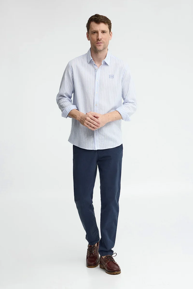 Light-blue cotton-linen regular-fit striped shirt with French collar and Polo Club embroidery - Image 4