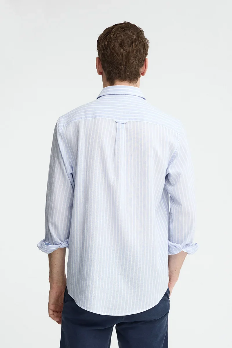 Light-blue cotton-linen regular-fit striped shirt with French collar and Polo Club embroidery - Image 5
