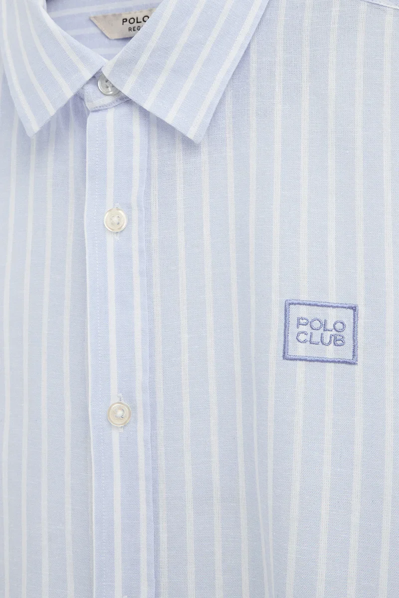 Light-blue cotton-linen regular-fit striped shirt with French collar and Polo Club embroidery - Image 7