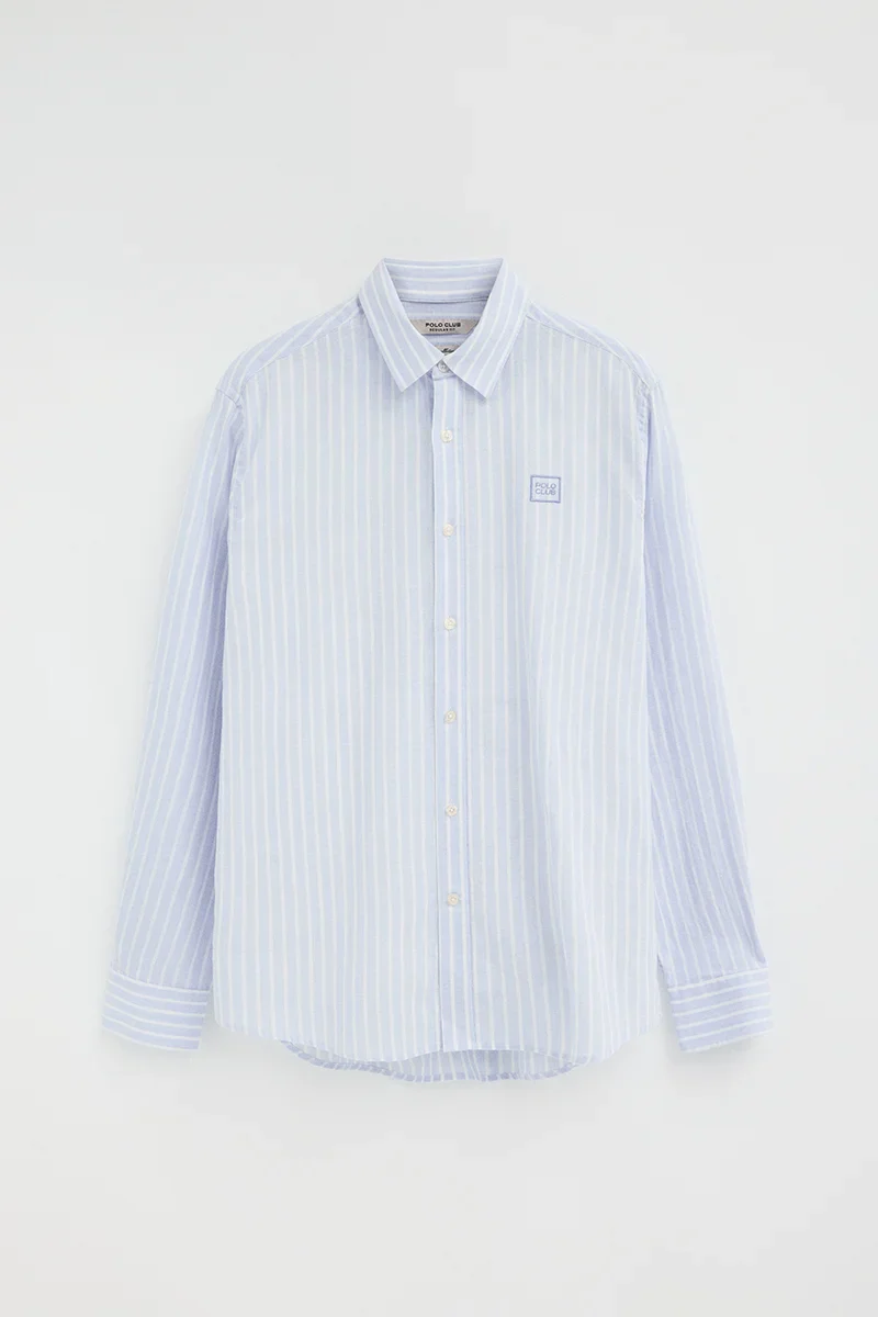Light-blue cotton-linen regular-fit striped shirt with French collar and Polo Club embroidery - Image 9