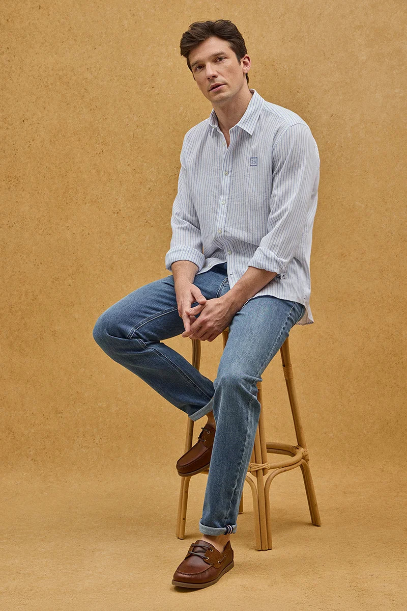 White cotton-linen regular-fit striped shirt with French collar and Polo Club embroidery