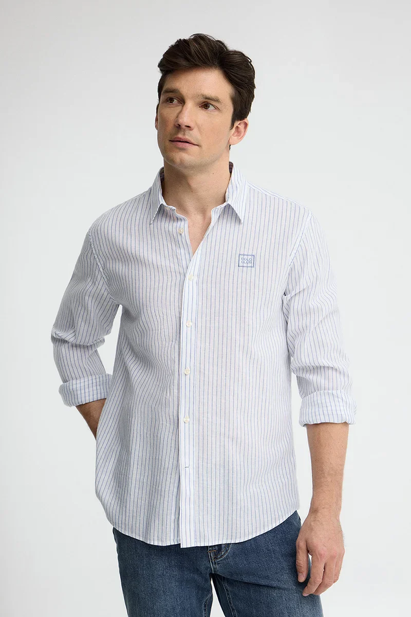 White cotton-linen regular-fit striped shirt with French collar and Polo Club embroidery - Image 2