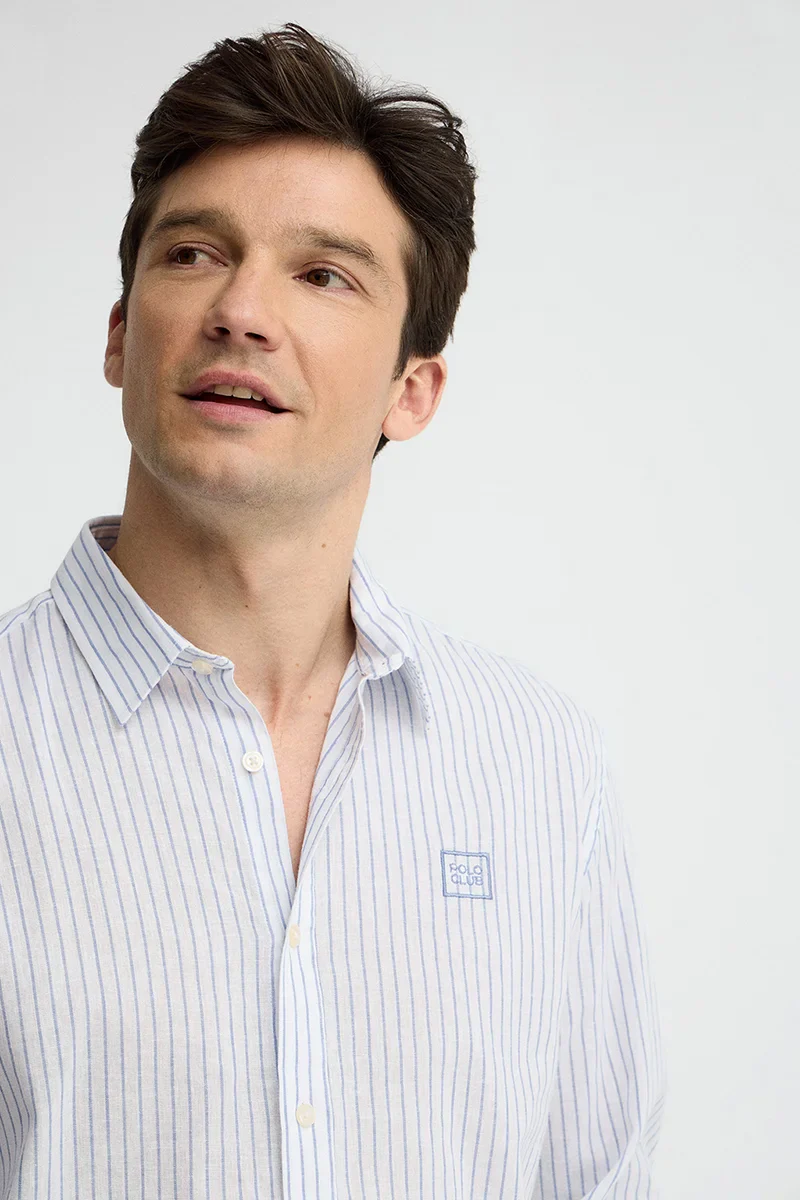 White cotton-linen regular-fit striped shirt with French collar and Polo Club embroidery - Image 3
