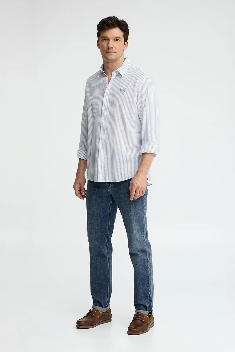White cotton-linen regular-fit striped shirt with French collar and Polo Club embroidery - Image 4