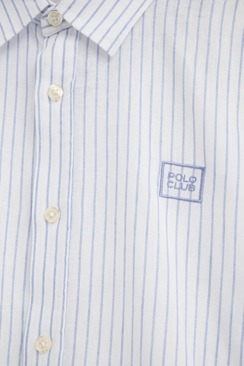 White cotton-linen regular-fit striped shirt with French collar and Polo Club embroidery - Image 7