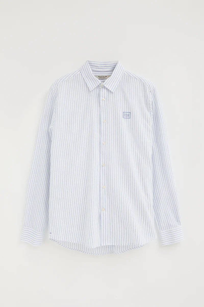 White cotton-linen regular-fit striped shirt with French collar and Polo Club embroidery - Image 9
