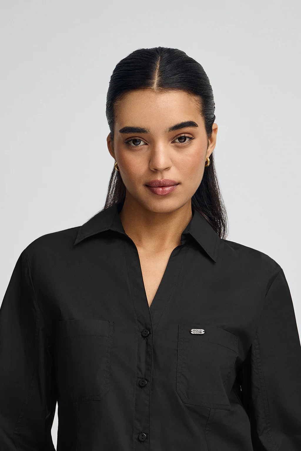 Black slim-fit shirt with V-neck - Image 2