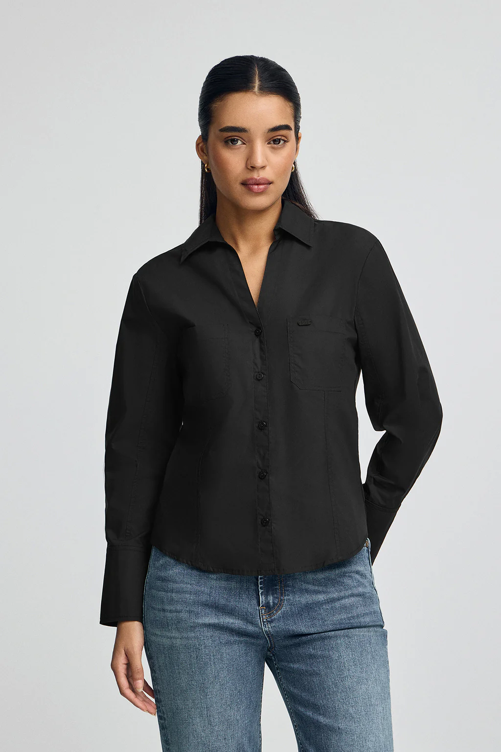 Black slim-fit shirt with V-neck - Image 3