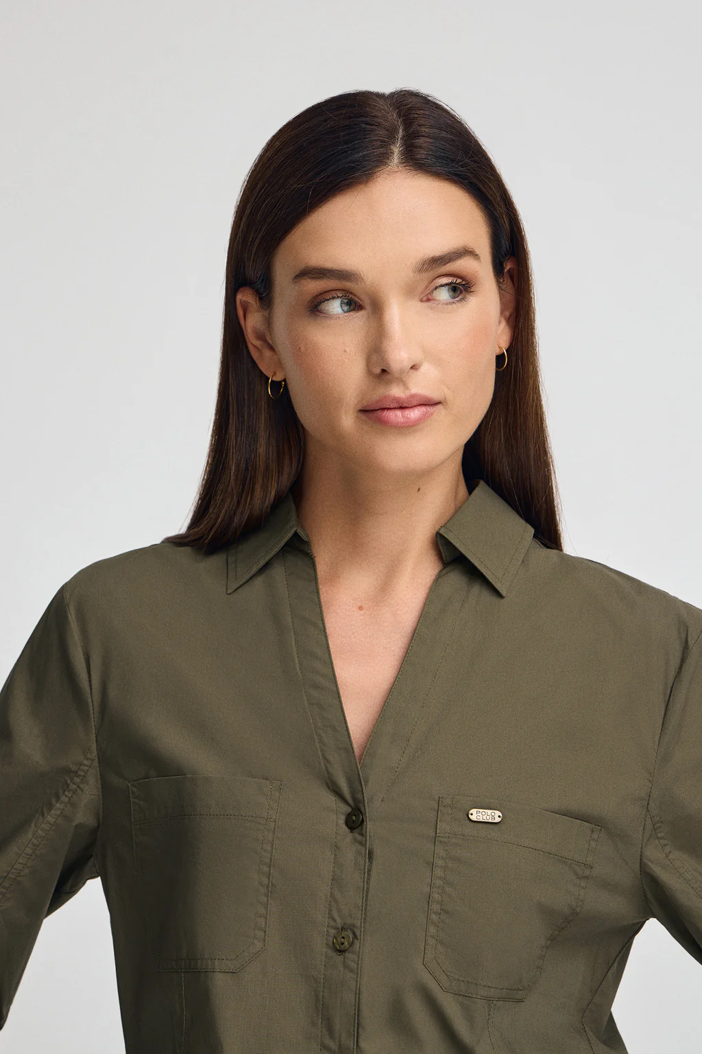 Olive-green slim-fit shirt with V-neck - Image 2