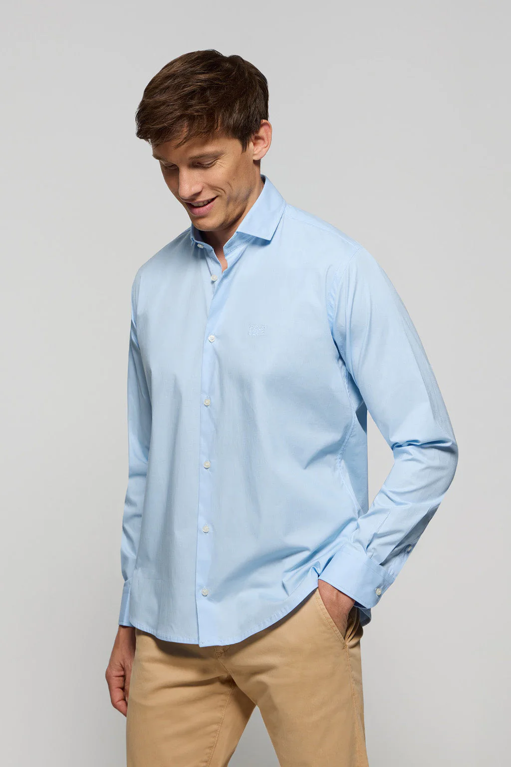 Sky-blue super slim fit cotton shirt with Polo Club logo