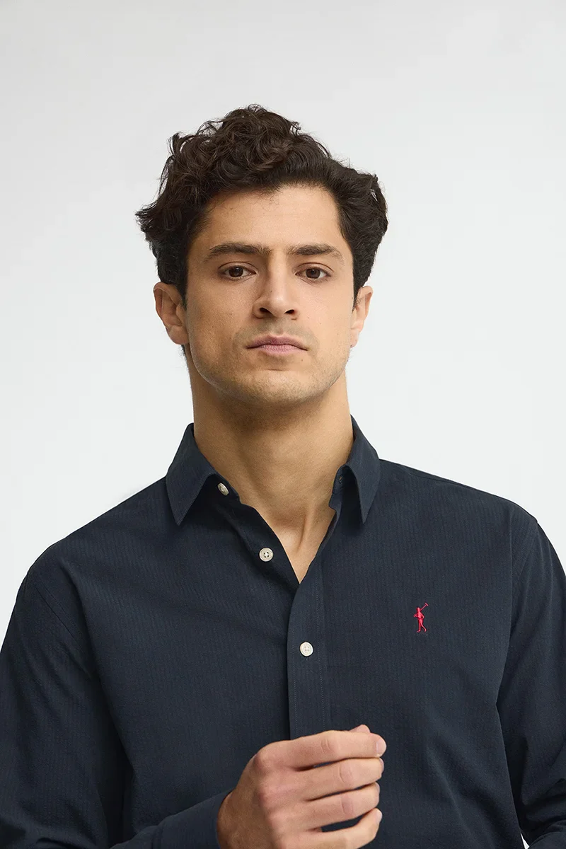 Navy-blue regular-fit shirt with crinkled effect and Rigby Go logo - Image 3