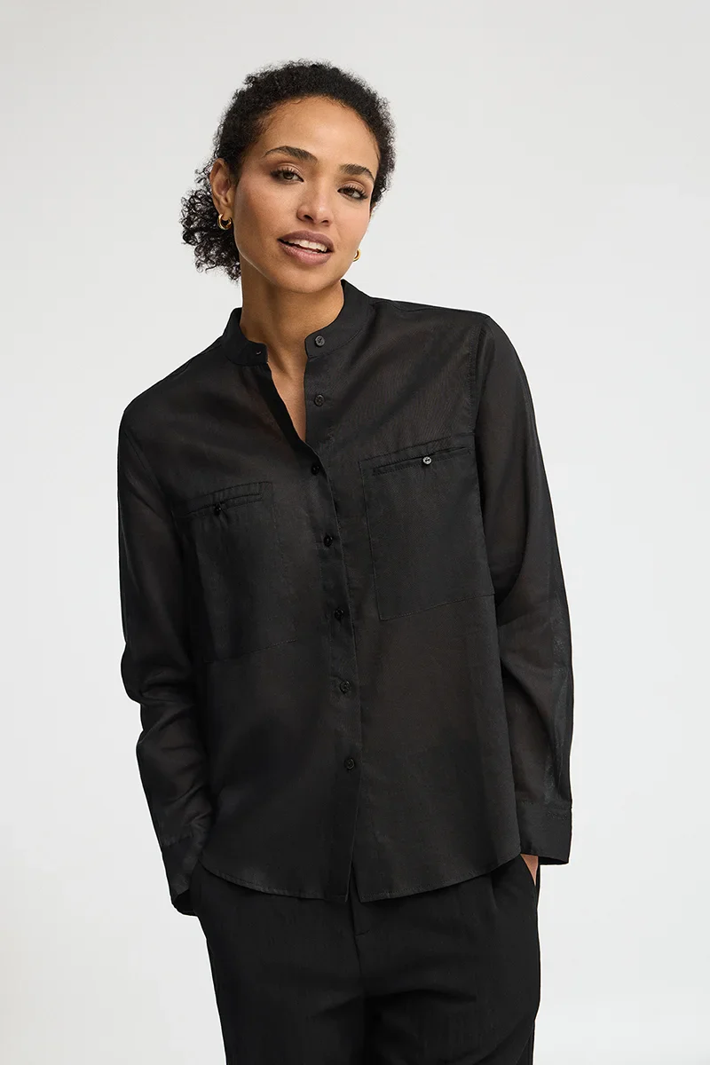 Black loose-fit ramie shirt with mandarin collar and Polo Club embroidery