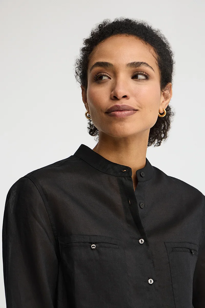Black loose-fit ramie shirt with mandarin collar and Polo Club embroidery - Image 2