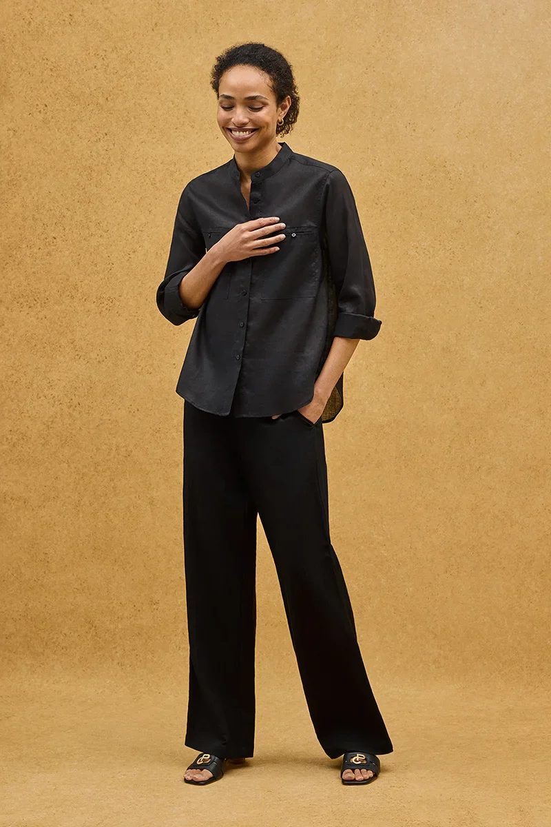 Black loose-fit ramie shirt with mandarin collar and Polo Club embroidery - Image 3