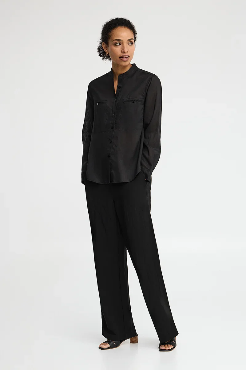 Black loose-fit ramie shirt with mandarin collar and Polo Club embroidery - Image 4