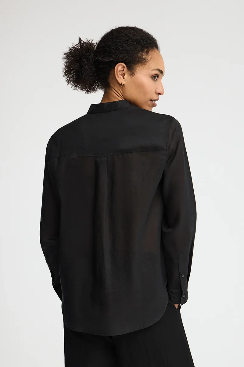 Black loose-fit ramie shirt with mandarin collar and Polo Club embroidery - Image 5