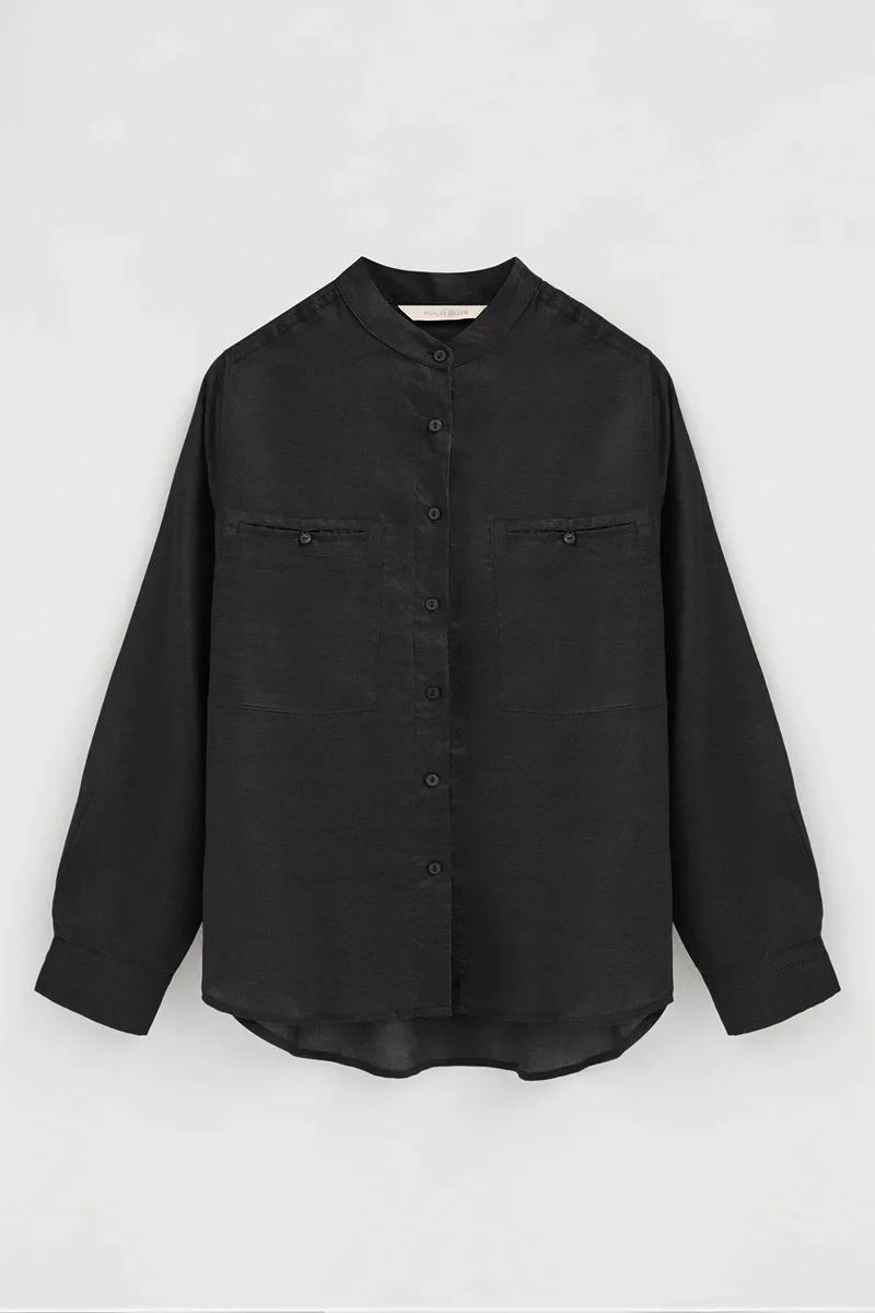 Black loose-fit ramie shirt with mandarin collar and Polo Club embroidery - Image 6