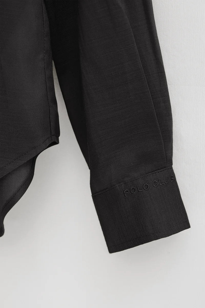 Black loose-fit ramie shirt with mandarin collar and Polo Club embroidery - Image 7