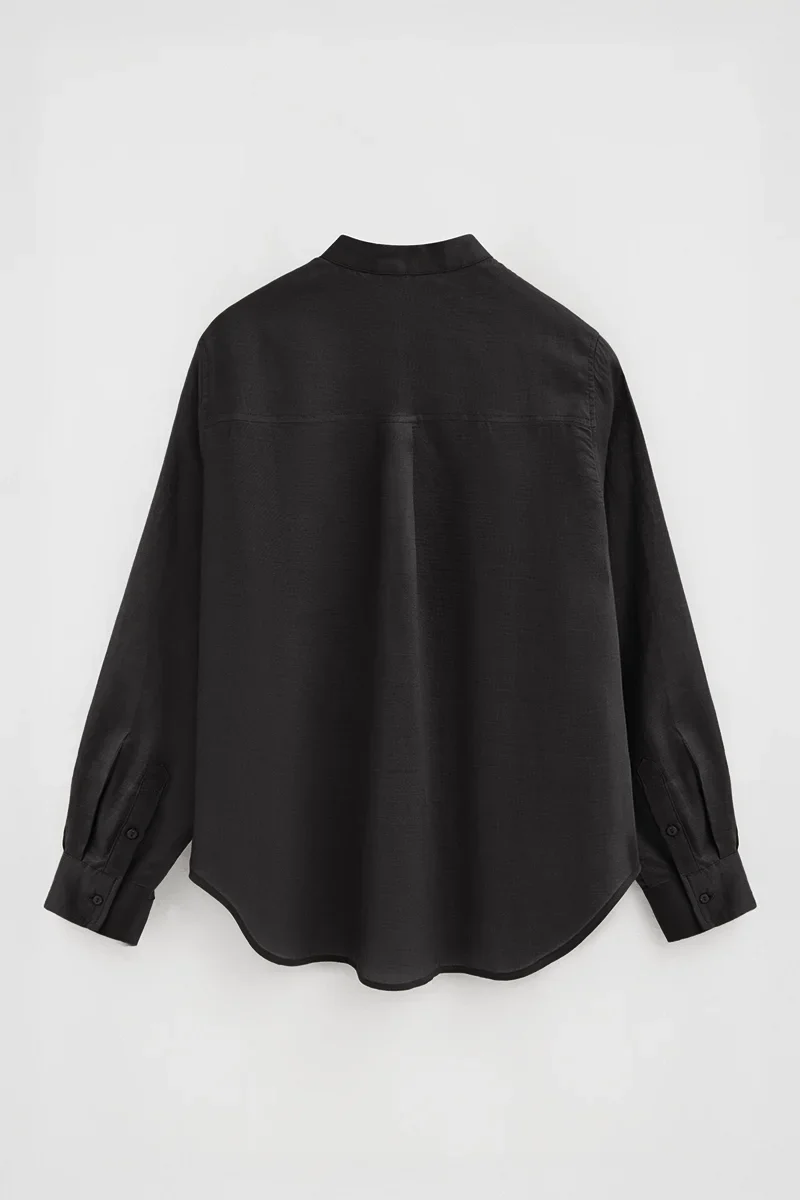 Black loose-fit ramie shirt with mandarin collar and Polo Club embroidery - Image 8