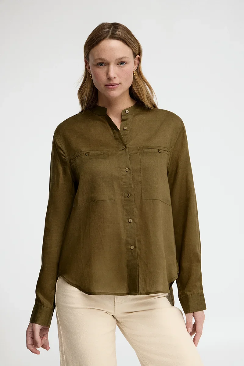 Dark-khaki loose-fit ramie shirt with mandarin collar and Polo Club embroidery