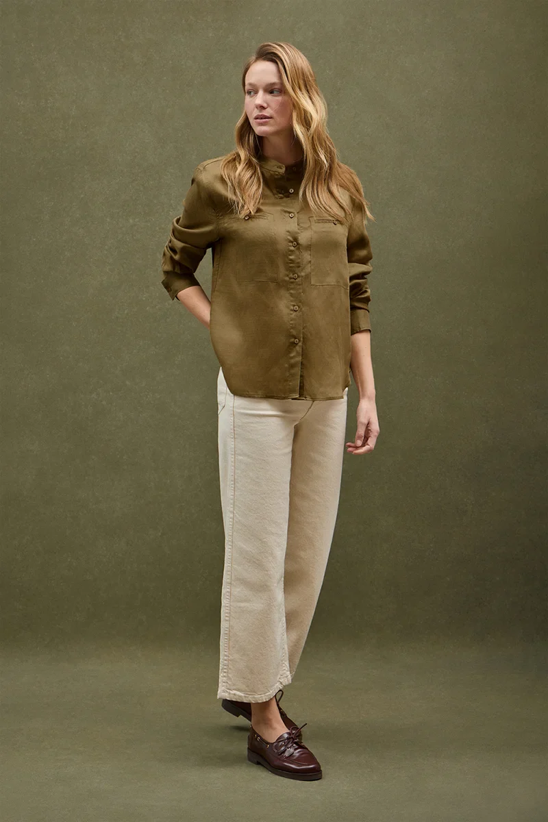 Dark-khaki loose-fit ramie shirt with mandarin collar and Polo Club embroidery - Image 2