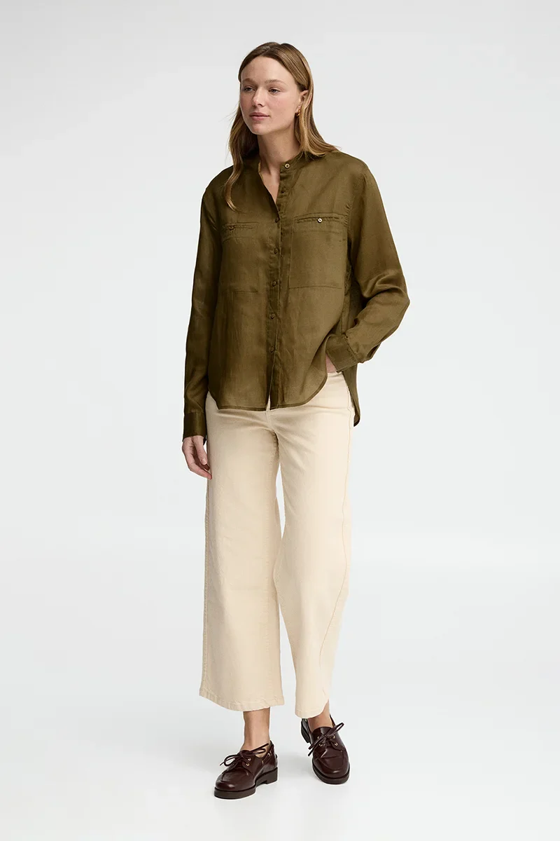 Dark-khaki loose-fit ramie shirt with mandarin collar and Polo Club embroidery - Image 4