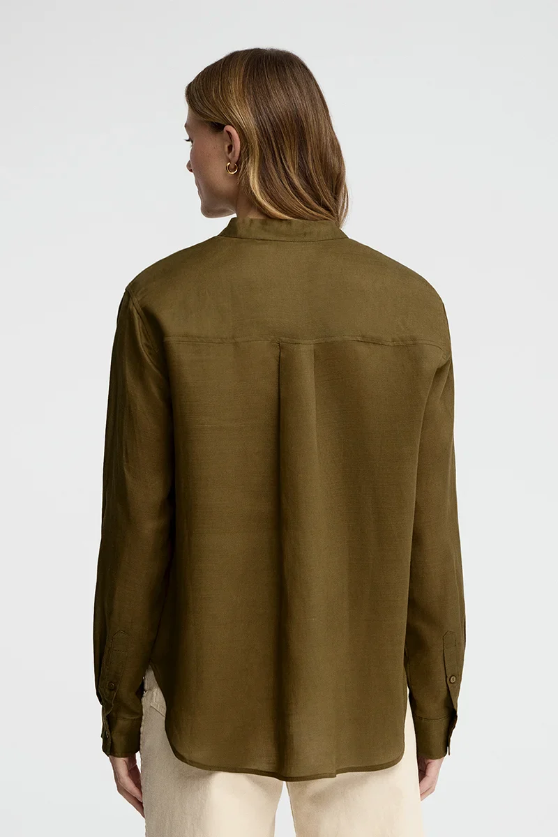 Dark-khaki loose-fit ramie shirt with mandarin collar and Polo Club embroidery - Image 5