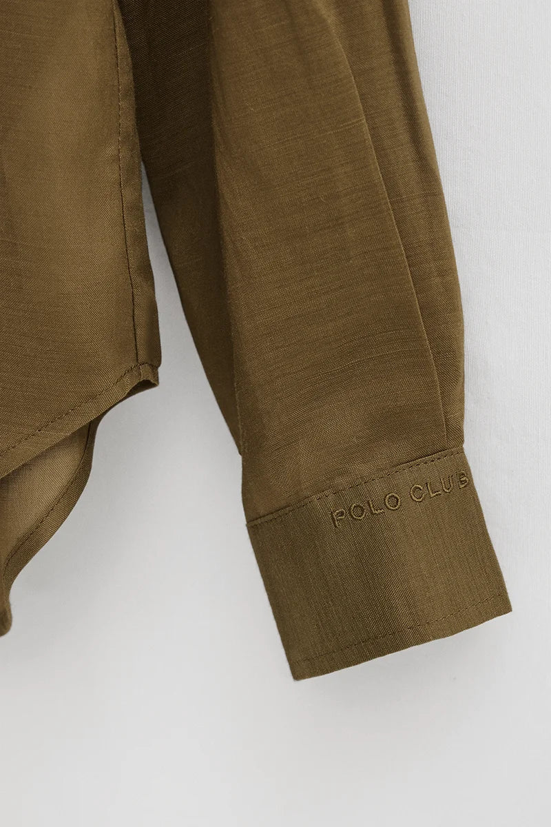 Dark-khaki loose-fit ramie shirt with mandarin collar and Polo Club embroidery - Image 7