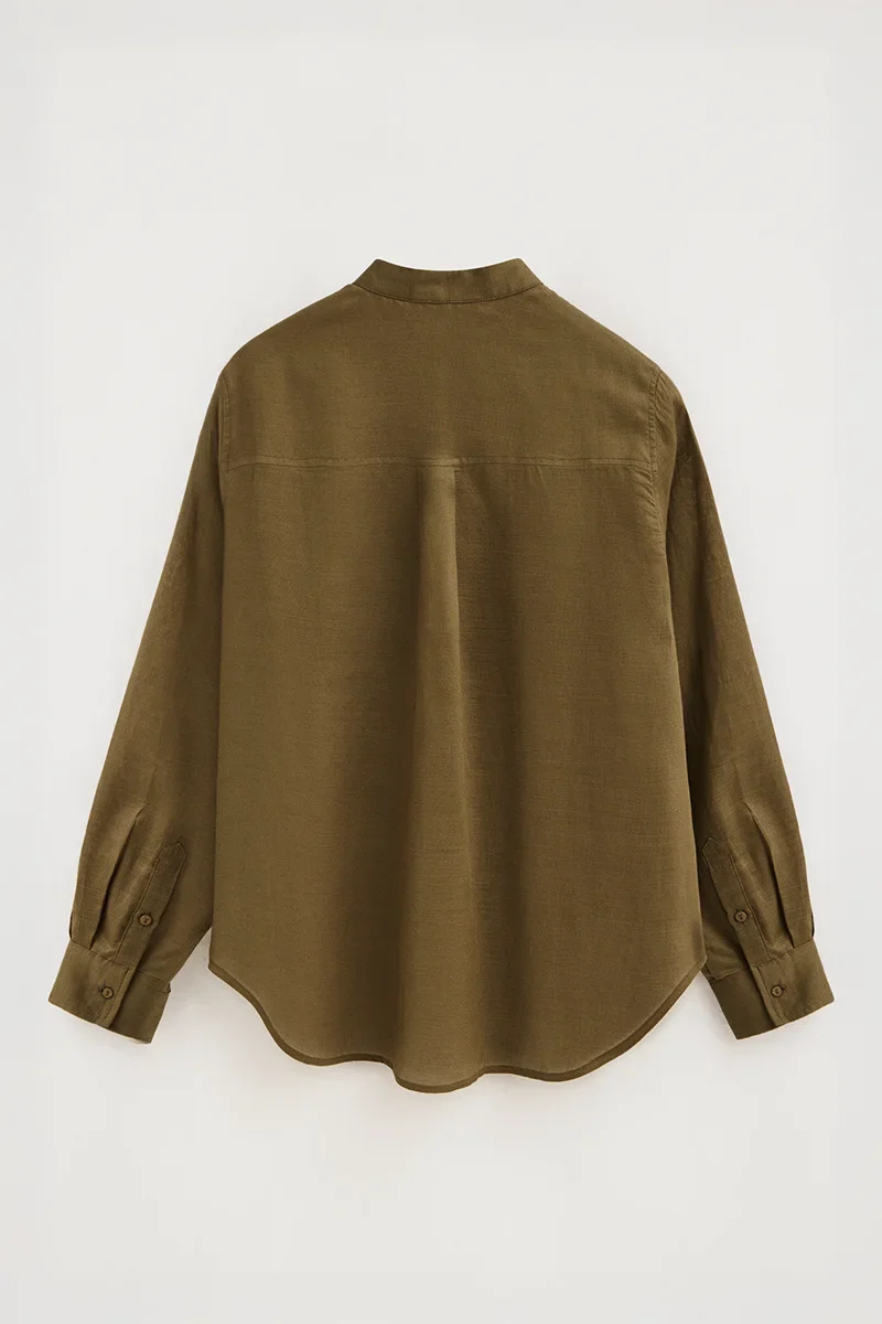 Dark-khaki loose-fit ramie shirt with mandarin collar and Polo Club embroidery - Image 8