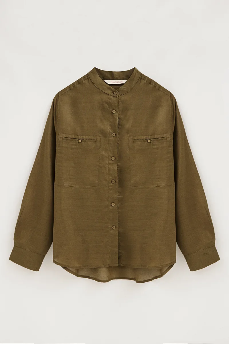 Dark-khaki loose-fit ramie shirt with mandarin collar and Polo Club embroidery - Image 9